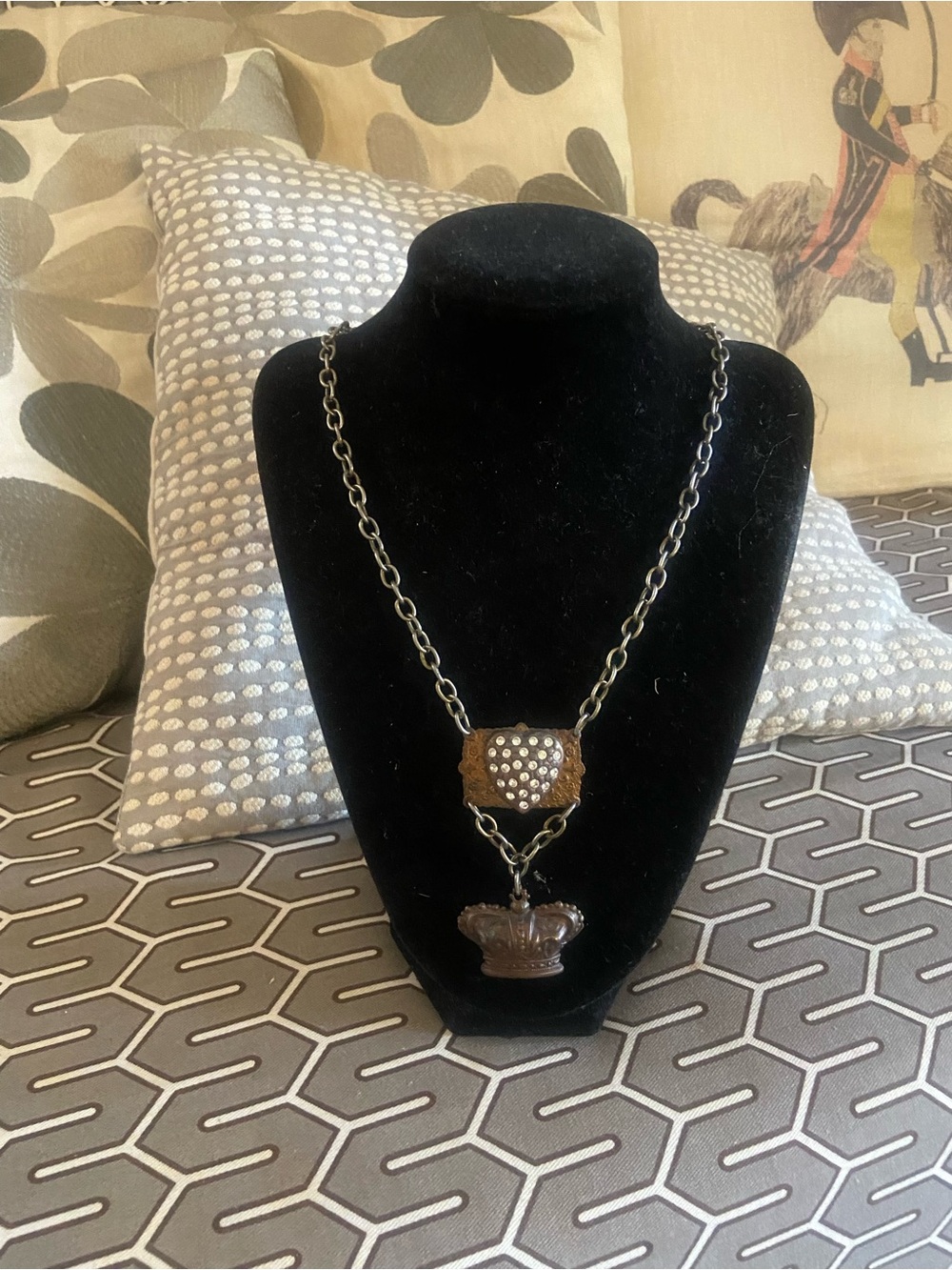 Hand Crafted Brown Crown Pendant Necklace with Rhinestone Accent